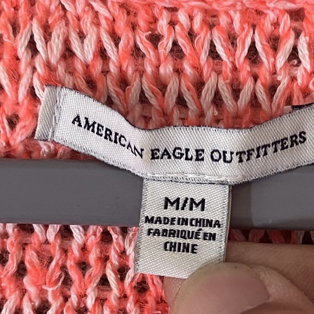 American Eagle Sweater Womens Medium Neon Orange Open Knit V Neck Tunic College - Picture 3 of 11